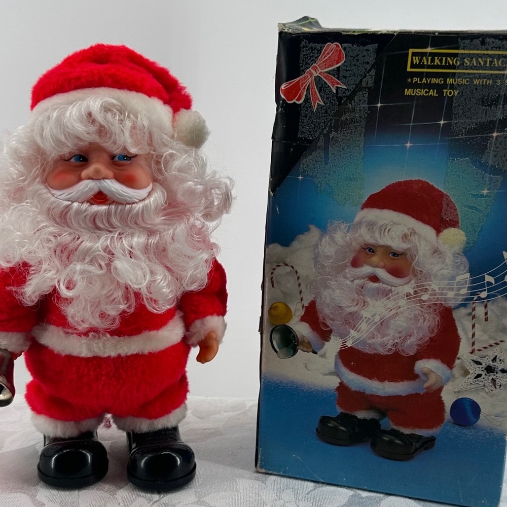 Vintage Walking Santa Claus Musical Toy Red Good Animated Ringing Bell Boxed